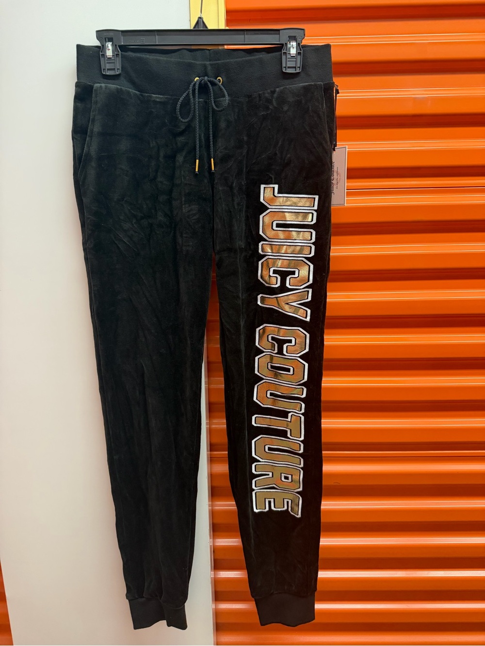 NWT Juicy Couture Women Black Velour Joggers with Gold-Trim Logo Size S